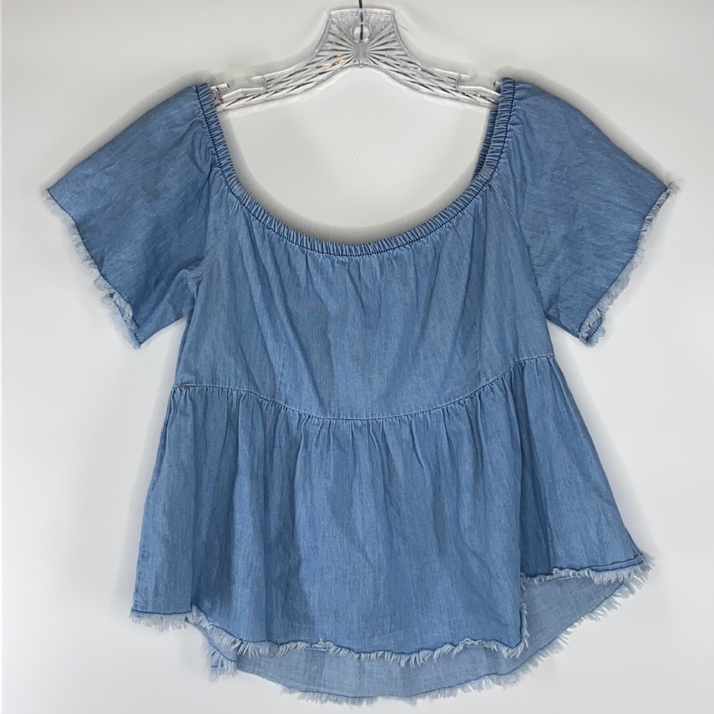 Zara Chambray Off The Shoulder Raw Hem Top